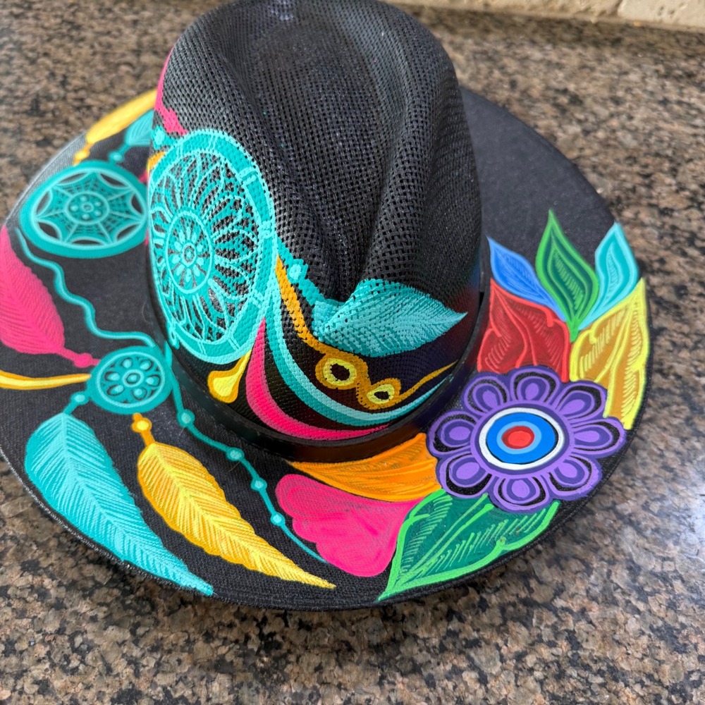 Hand Painted Mexican Fedora Hat Black Dreamcatcher Floral Boho Wide Brim Medium